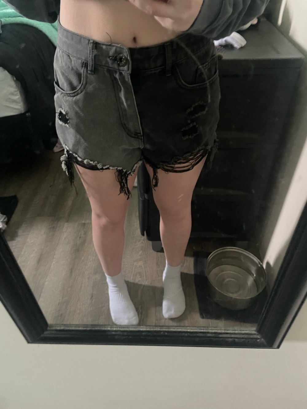 Women's Distressed High-Waist Denim Shorts - Charcoal